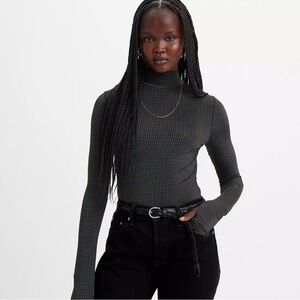 Levi’s Mock Neck Long Sleeve Grid Print Top Black Teal XS New With Tags